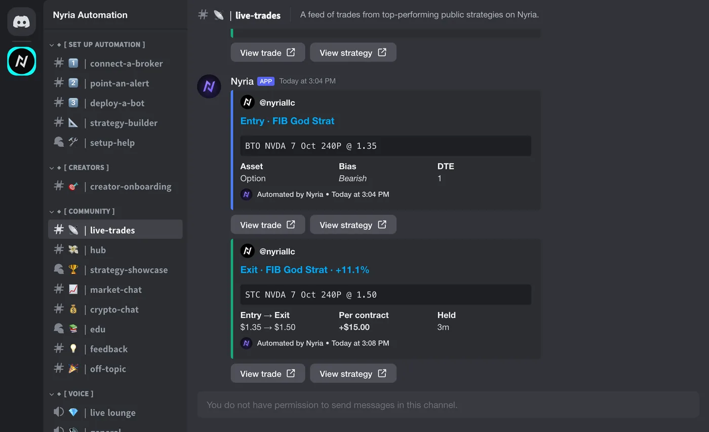 The #live-trades channel among the other channels of Nyria's Discord server, with an entry and an exit for FIB God Strat